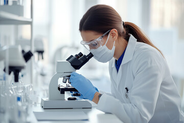 Female scientist with face mask looking on a petri dish under a microscope in modern laboratory