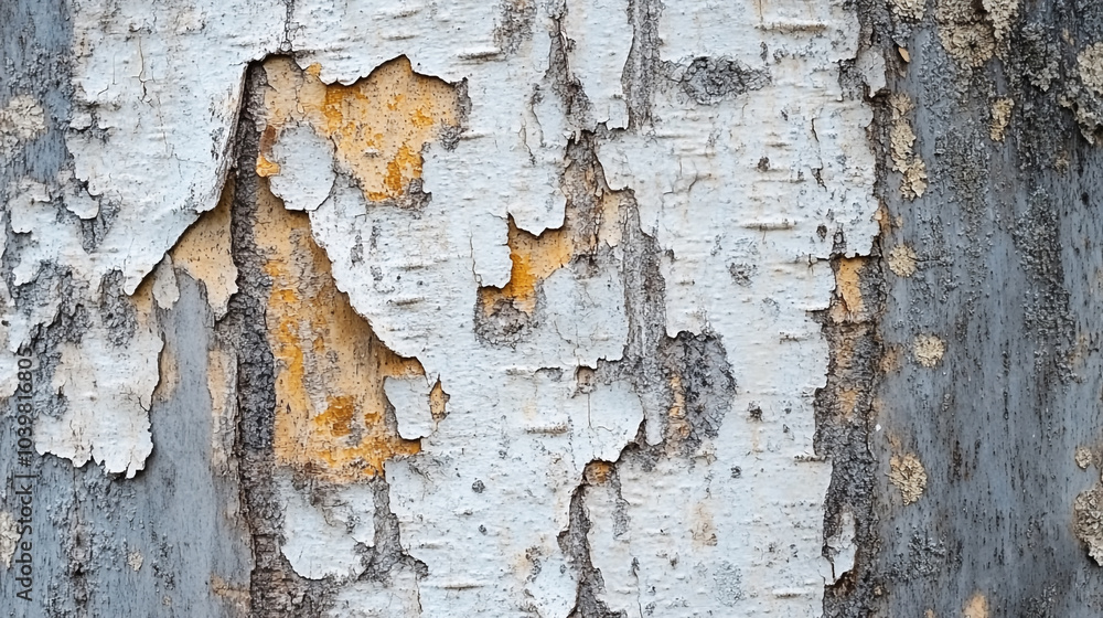 Poster textured close-up of peeling bark on a tree revealing multiple layers and colors in natural light