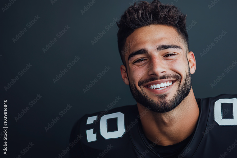 Wall mural young male american soccer player in uniform on black background