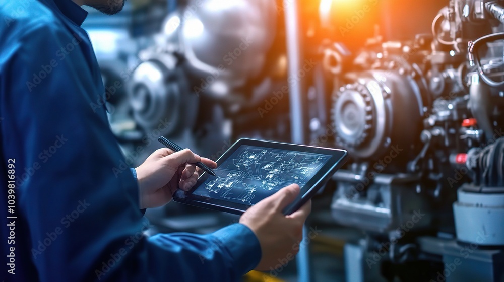 Aufkleber worker analyzing data on tablet in industrial setting