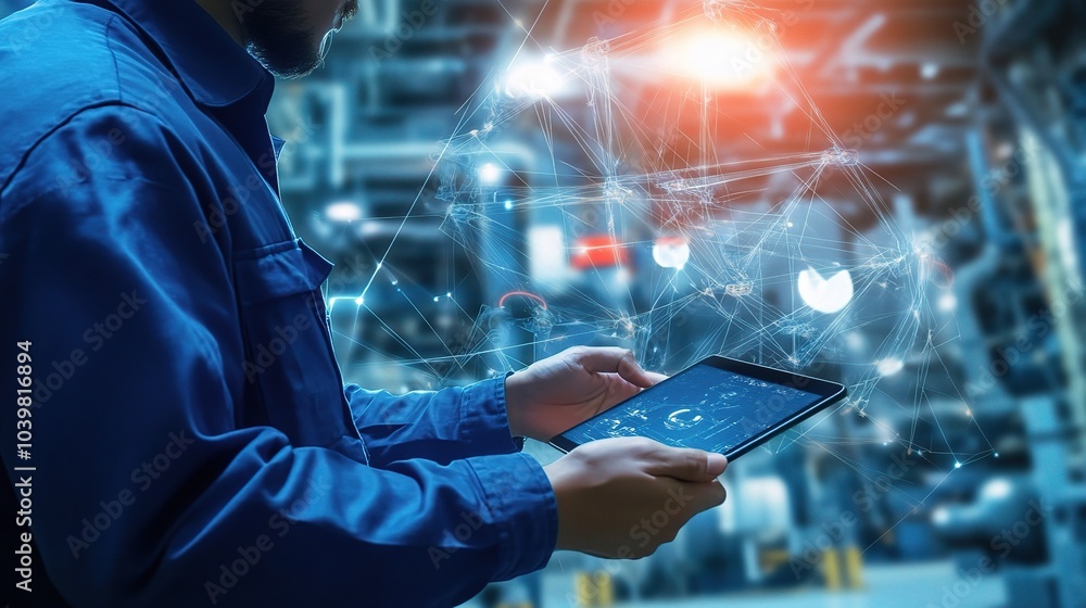 Poster industrial worker using tablet in modern factory setting