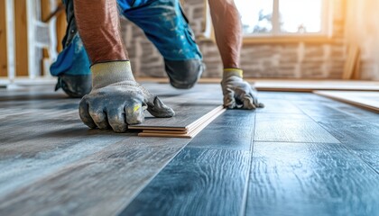 A skilled worker installing laminate flooring in a well-lit room during the afternoon