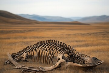 Ancient skeletal remains of a giant creature, bones scattered across a windswept plain, symbolizing a forgotten era of megafauna