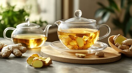 Glass cup of soothing ginger tea accompanied by a glass teapot and a wooden shovel of dried ginger pieces displayed in a serene herbal tea setting with space for text