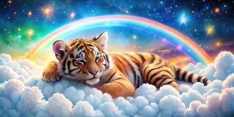 Fototapeta premium Cute Tiger Cub Sleeping on Rainbow in Cloud with Stars - Perfect for Children's Decor, Fabric Prints, and Playful Posters
