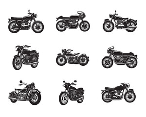 Set of Classic Motorcycle Silhouettes Design - Motorcycle Vector illustration in black and white
