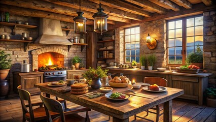 Architectural Photography of a Cozy Pork Pie Dinner Table in a Rustic Kitchen Setting with Warm Lighting and