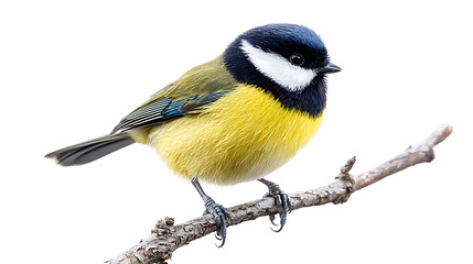 Naklejka premium A beautiful yellow bird with black markings on its feathers perched on a natural tree branch isolated on a white background