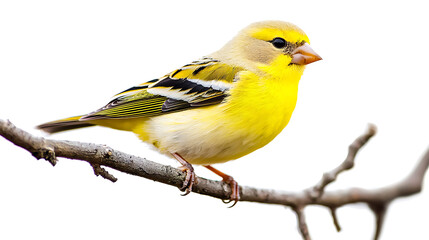 Obraz premium A beautiful yellow bird with black markings on its feathers perched on a natural tree branch isolated on a white background