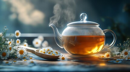Glass cup of steaming chamomile tea next to a glass teapot and a wooden scoop of dried chamomile flowers set against a calming herbal tea background with space for text