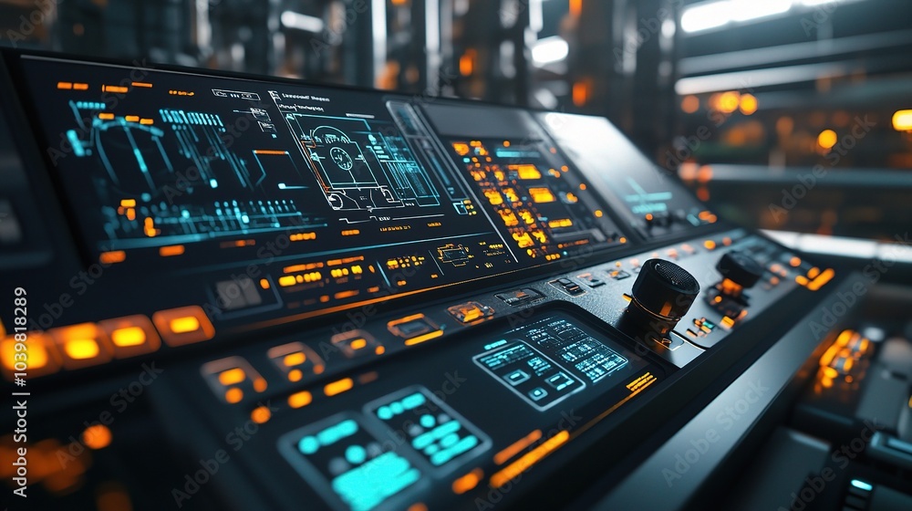 Poster futuristic control panel with glowing interfaces