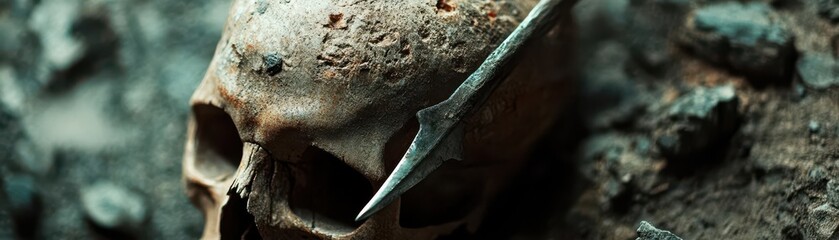 Obraz premium Close-up of an ancient skull with a spearhead embedded in the bone, telling a story of violent conflict in ancient times