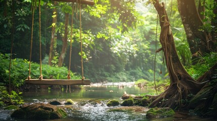Fototapeta premium swing over the river in a shady and cool tree