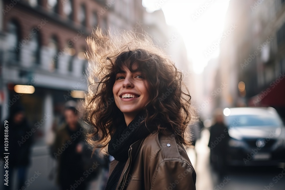 Canvas Prints Portrait of young beautiful woman with curly hair in the city.