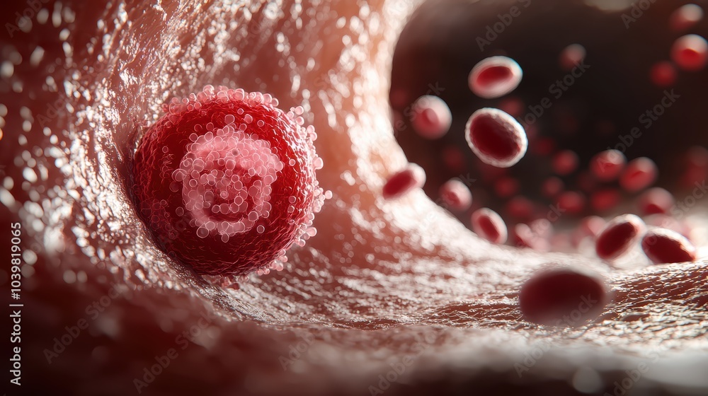 Poster a close-up view of red blood cells flowing in a vessel, highlighting the intricate details of cellul