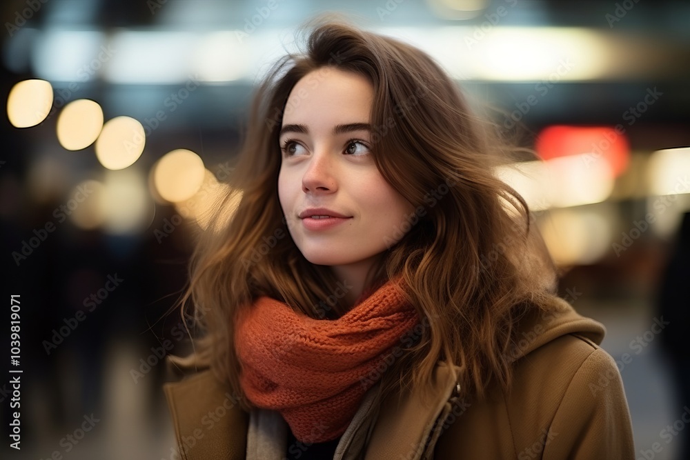 Sticker Portrait of beautiful young woman in winter coat and red scarf.