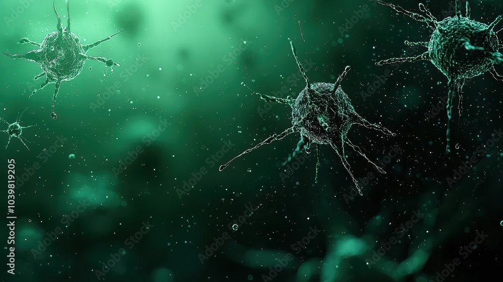 Poster the image depicts microscopic, green-hued microorganisms suspended in a fluid environment, emphasizi