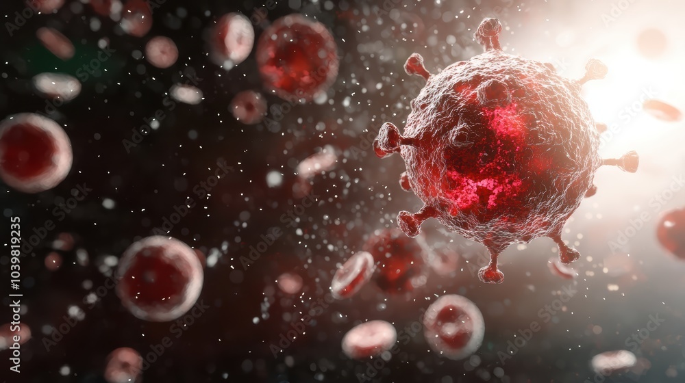 Poster a highly detailed visualization of a virus surrounded by red blood cells, showcasing the intricate s