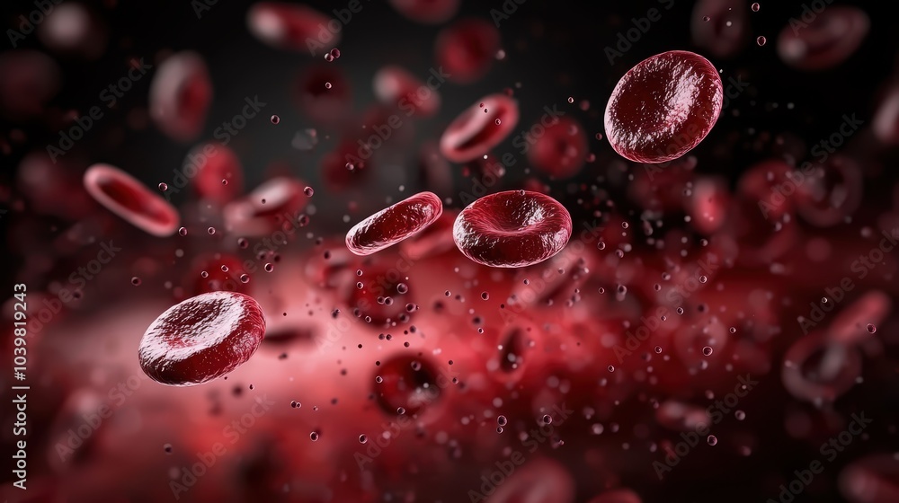 Poster a dynamic visualization of red blood cells moving through fluid, showcasing the vibrant color and in