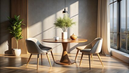 Elegant Minimalist Dining Area with Round Table and Chair, Soft Natural Light, and Stylish Vase Arrangement for Interior Design Inspiration