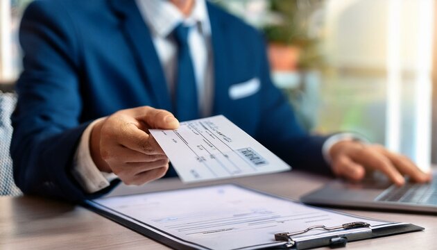 Hand Giving Payroll Cheque. Paycheck