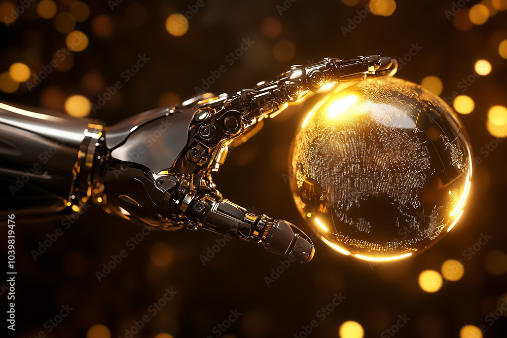 Poster the robotic hand extends towards a luminous digital globe, symbolizing the fusion of technology and 