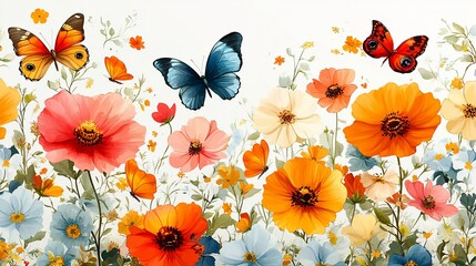 A vibrant floral scene with colorful flowers and butterflies in a cheerful arrangement.