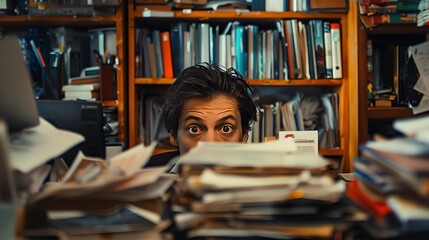 A man with wide eyes peeks over a pile of papers on a desk.