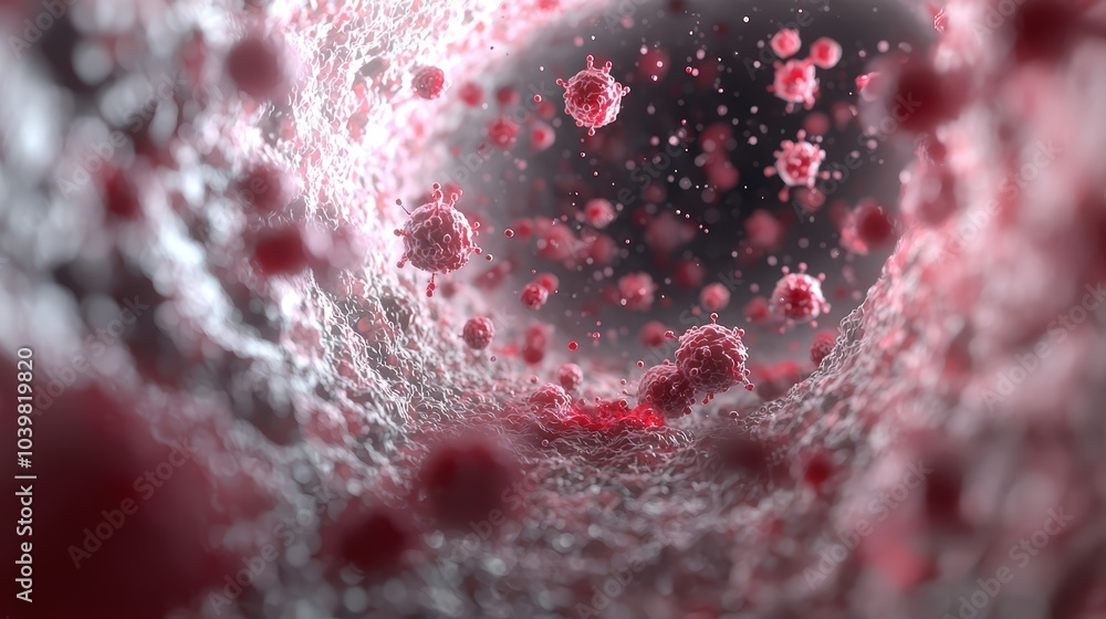 Poster an abstract, detailed view of cells and particles in a biological context, illustrating a dynamic mi