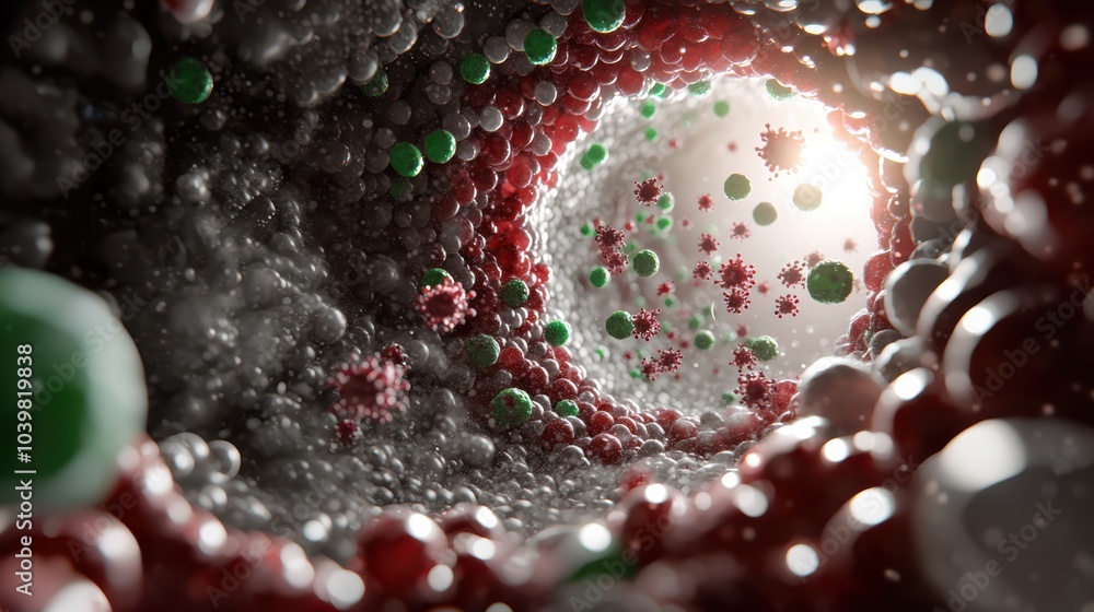 Poster a detailed, colorful representation of molecular structures within a biological tunnel, emphasizing 
