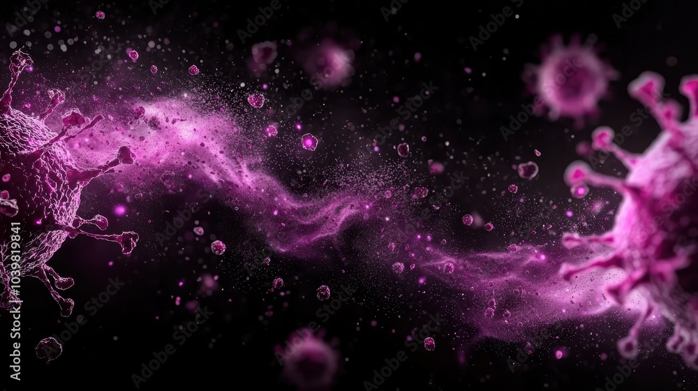 Poster a vibrant representation of viral particles and molecular structures, showcasing a dynamic flow of p