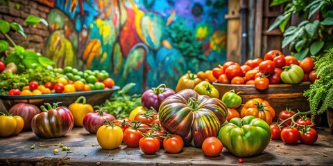 Assorted Heirloom Tomatoes with Green Leaves - Vibrant Urban Garden Scene for Healthy Eating Enthusiasts