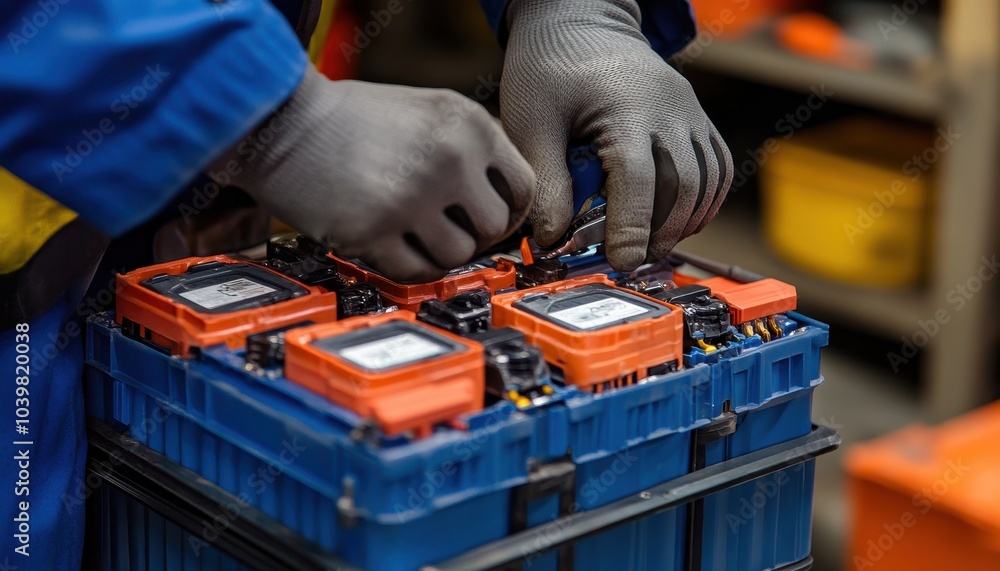 Poster worker connecting components on battery system in workshop during daylight hours