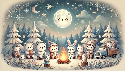 Whimsical Winter Campfire with Adorable Animals Under a Small Moonlit Night Sky in a Fantasy Snowy Forest, Radiating Cozy Charm