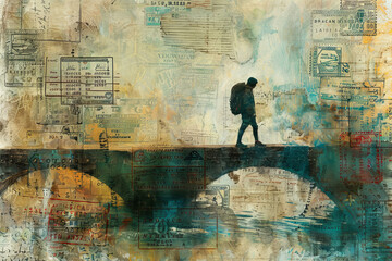 Silhouette of traveler with backpack walking across bridge, collage of vintage maps and travel stamps, capturing the essence of wanderlust and the thrill of discovery