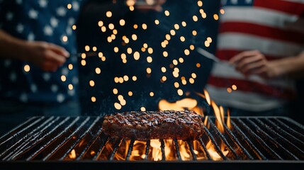 Fourth of July barbecue with friends gathered around a grill fireworks in the sky high-resolution professional photography clean sharp focus