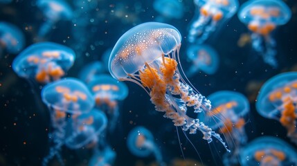 Naklejka premium Lot of bioluminescent jellyfish floating gracefully in ocean, illuminating water with their vibrant colors, jellyfish showcasing mesmerizing beauty of marine life