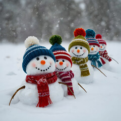 Fototapeta premium A charming group of small snowmen forms a mini snowman army