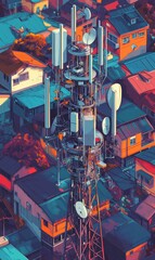 Cell tower rising above urban rooftops.