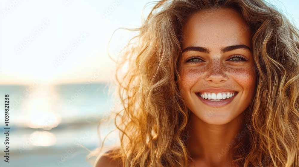 Wall mural a woman beams with joy during the golden hour by the seaside. her bright smile and sunlit surroundin