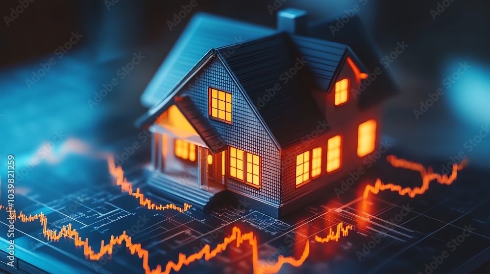 Poster a miniature house with glowing windows sits on a chart with red lines representing a dip in the mark