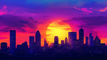 Fototapeta premium Colorful sunset paints the sky while city buildings stand silhouetted, creating a striking urban landscape