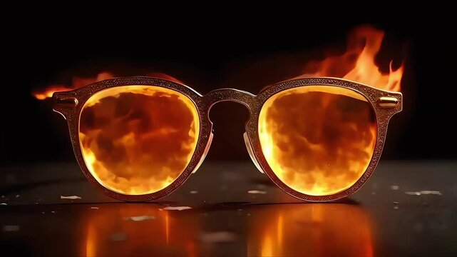 animation. on a black background a pair of golden glasses with fire on the lenses. wallpaper. introductory video, Generative AI