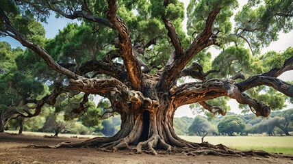 Obraz premium big tree in the center of village, Majestic wide tree with dense green canopy and sprawling roots