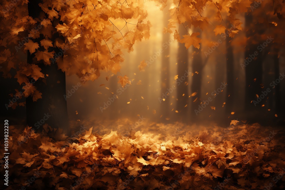 Poster a misty autumn forest with golden leaves falling from the trees, creating a magical and enchanting a