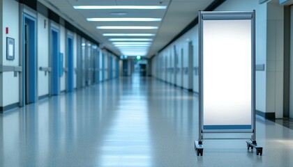 Fototapeta premium Empty hospital corridor with a display sign in the foreground during daytime hours