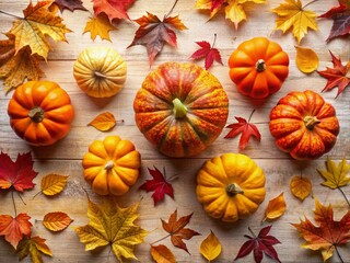 Fototapeta premium Autumn Leaves Background with Pumpkins for Fall-Themed Mock-Up Composition