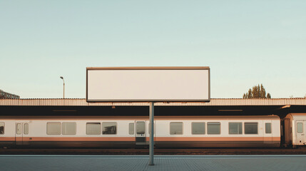 Obraz premium Empty Billboard on Colorful Train Roof at Rural Station