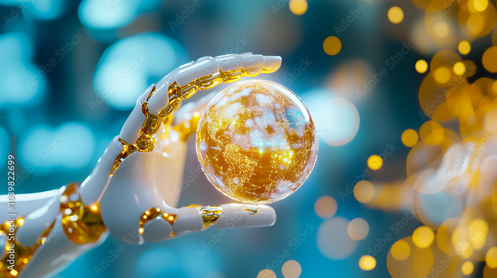 Poster a robotic hand is extending towards a luminous digital globe filled with data and light