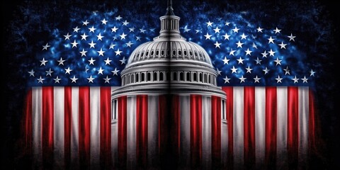 American flag colors blend with silver dome of Capitol building in a striking image showcasing patriotism with bold red and blue tones creating a strong sense of national pride and unity